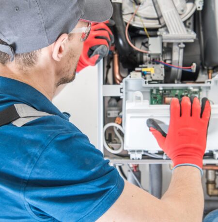 Heating Central Gas Furnace Issue. Technician Trying To Fix the Problem with the Residential Heating Equipment.