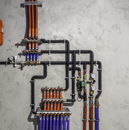 A modern electric boiler room. Equipment for modern heating system as a boiler, heater,pipes, expansion tank and other. Copy space.