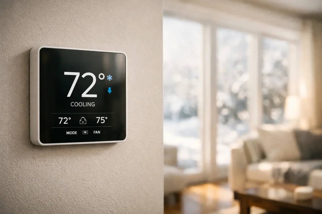 Thermostat showing cooling mode during a warm winter day when you can use your AC in winter