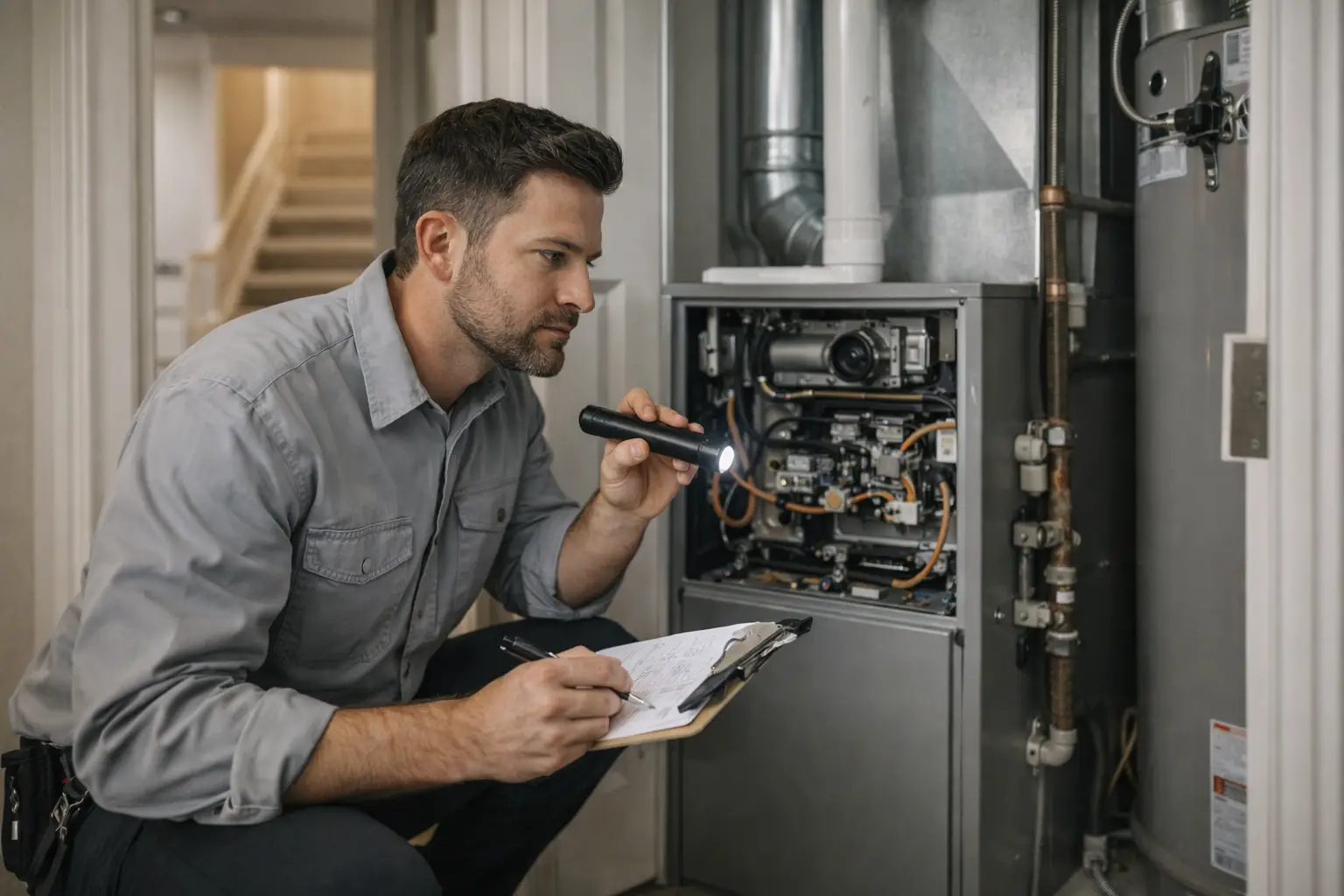 HVAC technician inspecting furnace to determine repair or replacement in Colorado Springs home