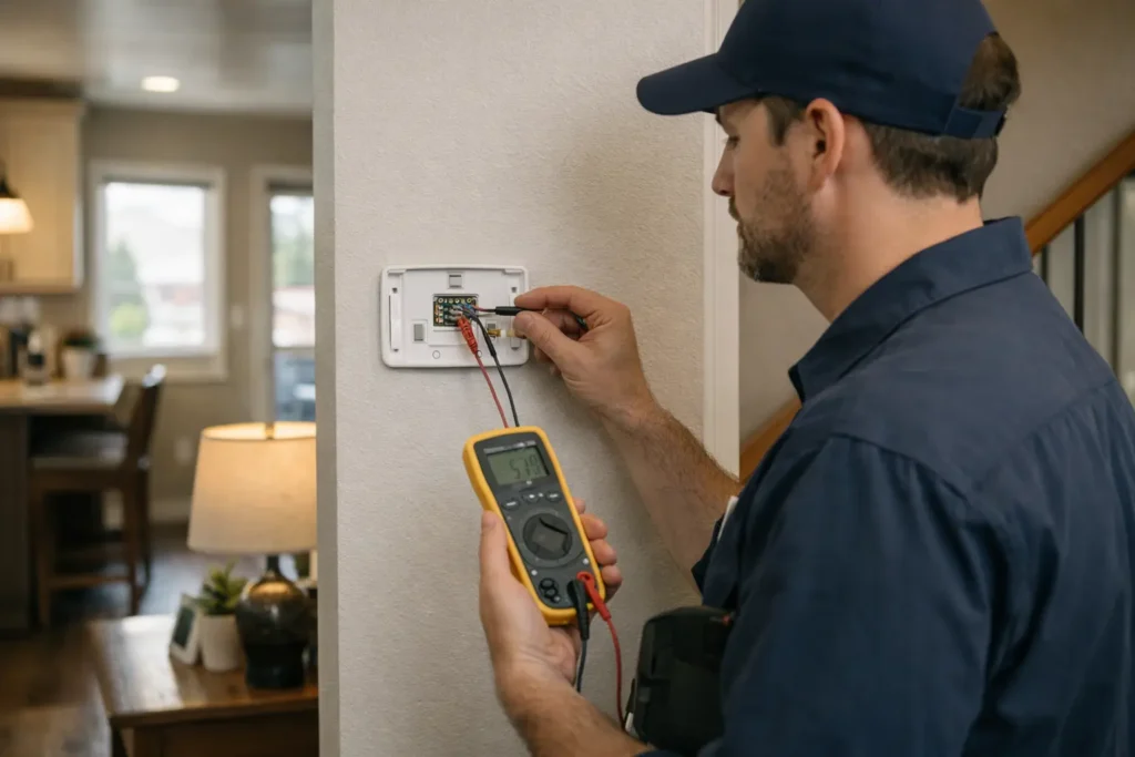 AC not turning on Colorado Springs technician testing thermostat wiring