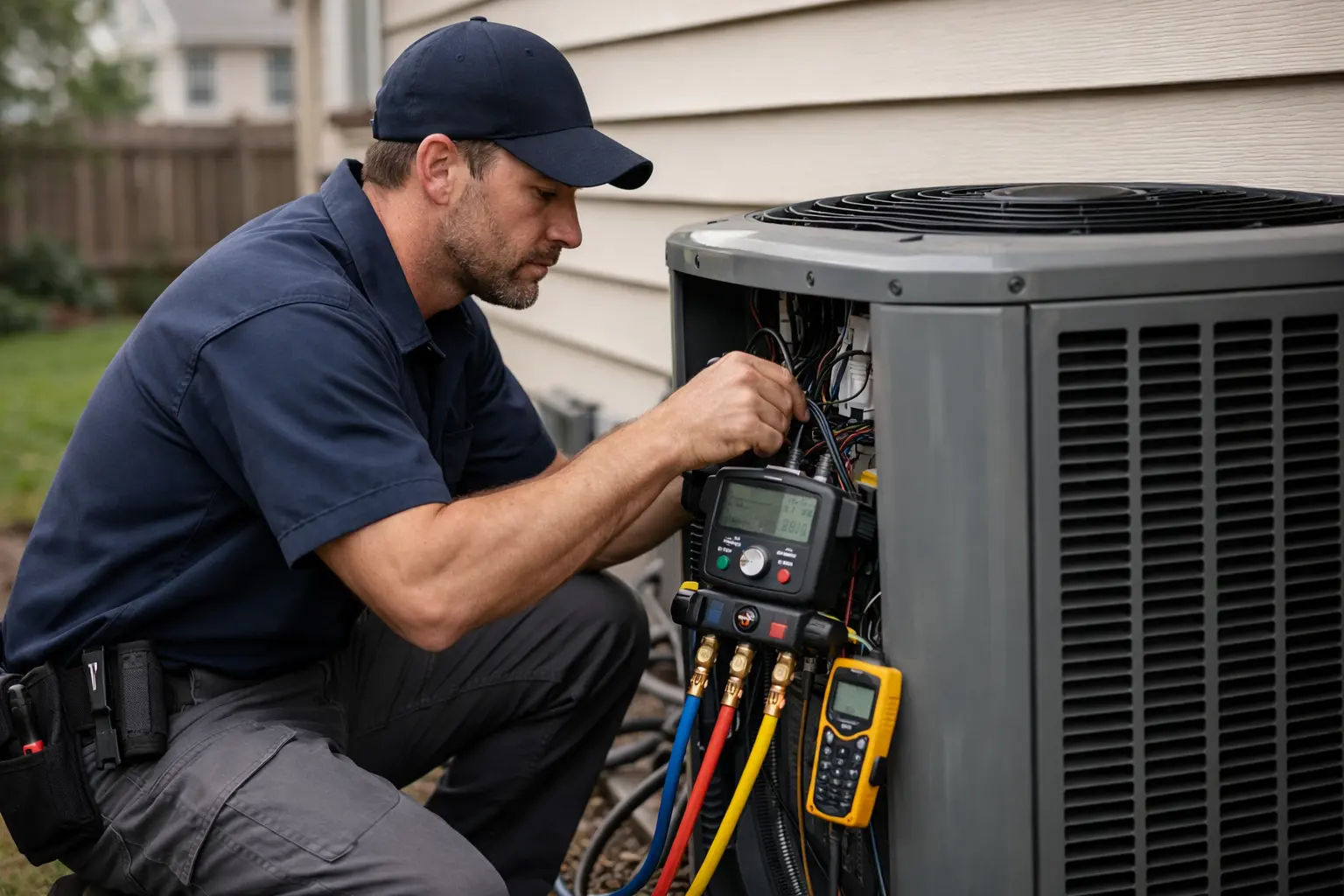 Emergency AC repair in Colorado Springs technician fixing residential air conditioner unit