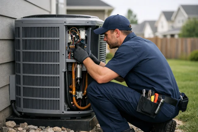 HVAC contractor servicing air conditioning system in Colorado Springs