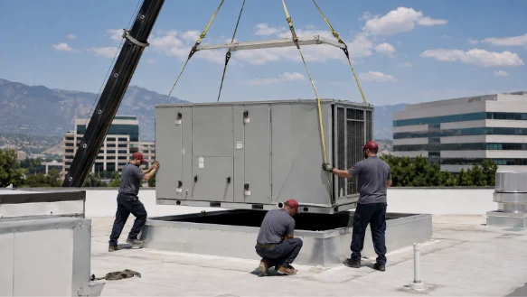 ATMS technicians installing a commercial rooftop HVAC unit on a Colorado Springs commercial building