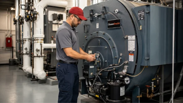 ATMS technician performing preventative maintenance on a commercial boiler system in Colorado Springs