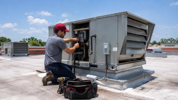 ATMS technician performing commercial HVAC repair on a rooftop unit in Colorado Springs, Colorado