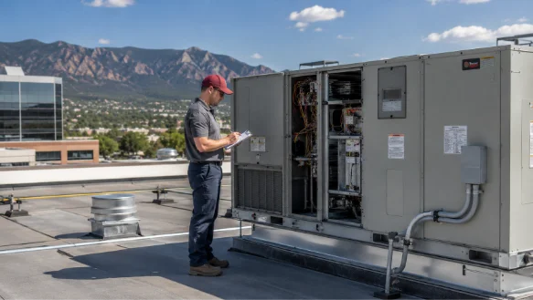 ATMS technician conducting a commercial HVAC system assessment on rooftop equipment in Colorado Springs