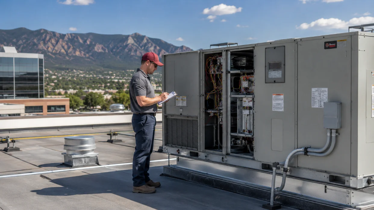 ATMS technician performing a commercial HVAC system assessment and equipment evaluation in Colorado Springs