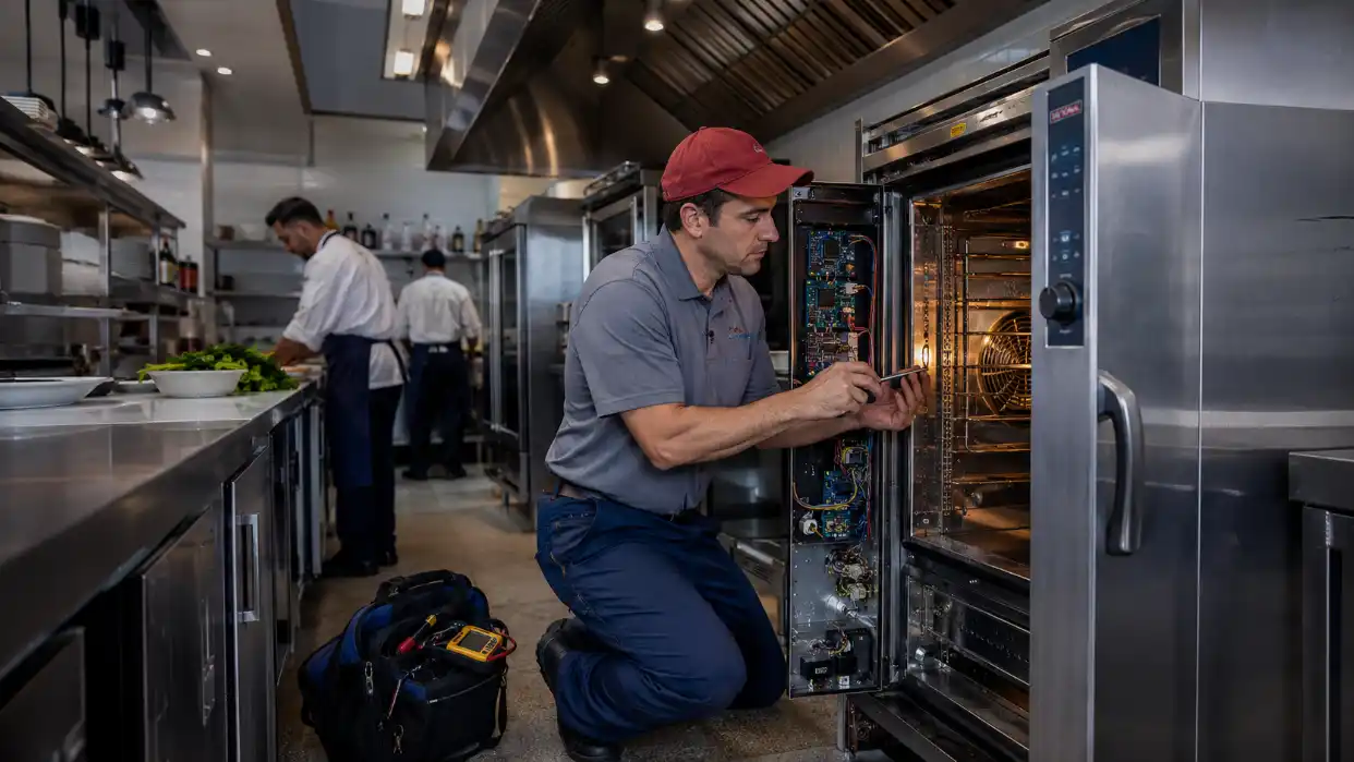 Technician performing commercial oven repair for a Colorado Springs restaurant