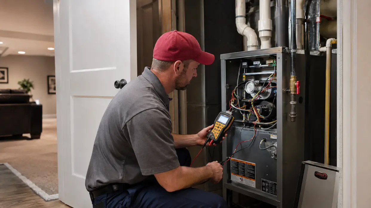 residential-hvac-diagnostic-service HVAC technician diagnosing residential heating and cooling system problems