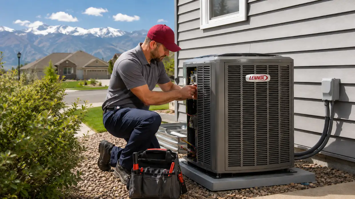 residential-hvac-maintenance-service HVAC technician performing residential preventative maintenance on air conditioning system