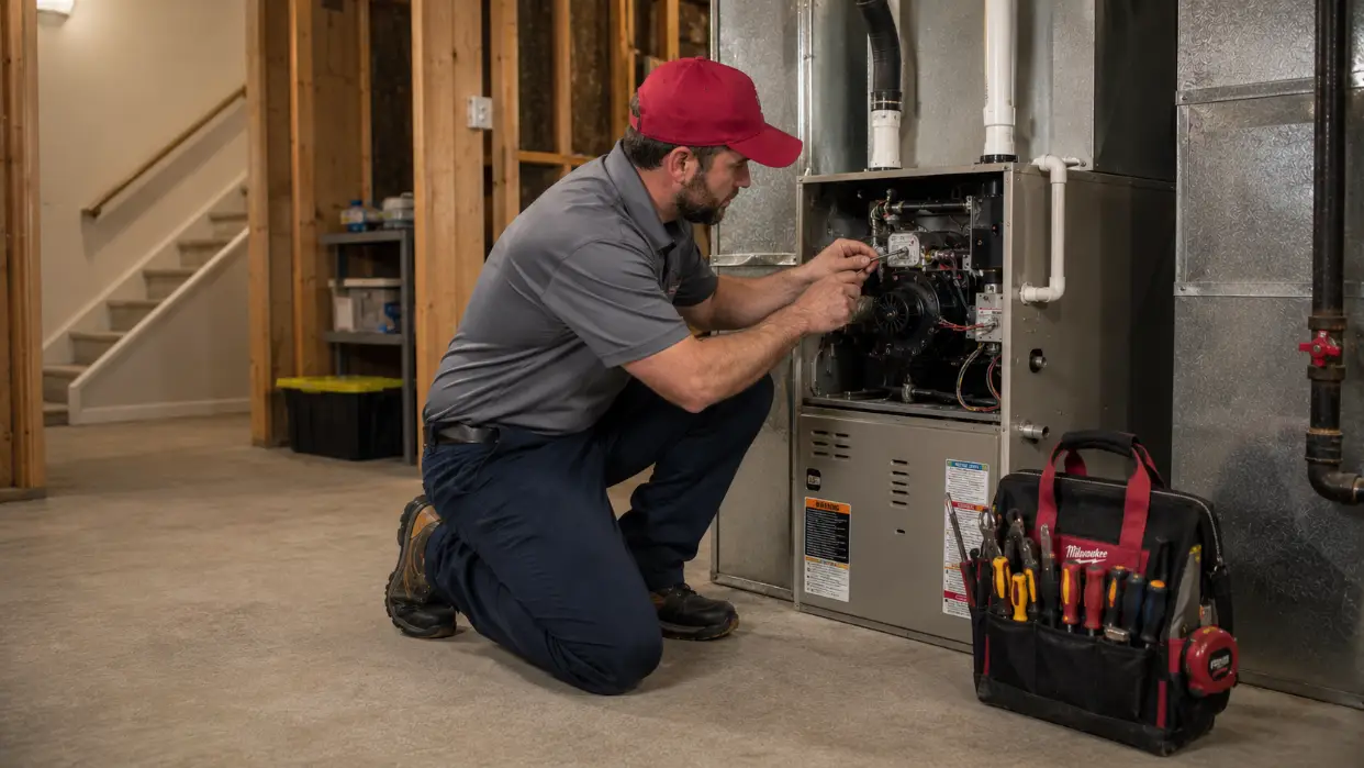 residential-hvac-repair-service Residential HVAC technician repairing furnace and air conditioning equipment