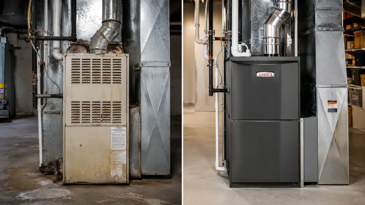 residential-hvac-repair-vs-replacement Comparison of aging residential HVAC equipment and new replacement system