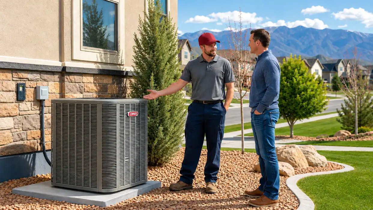residential-hvac-system-replacement Homeowner reviewing newly installed residential HVAC replacement system with technician