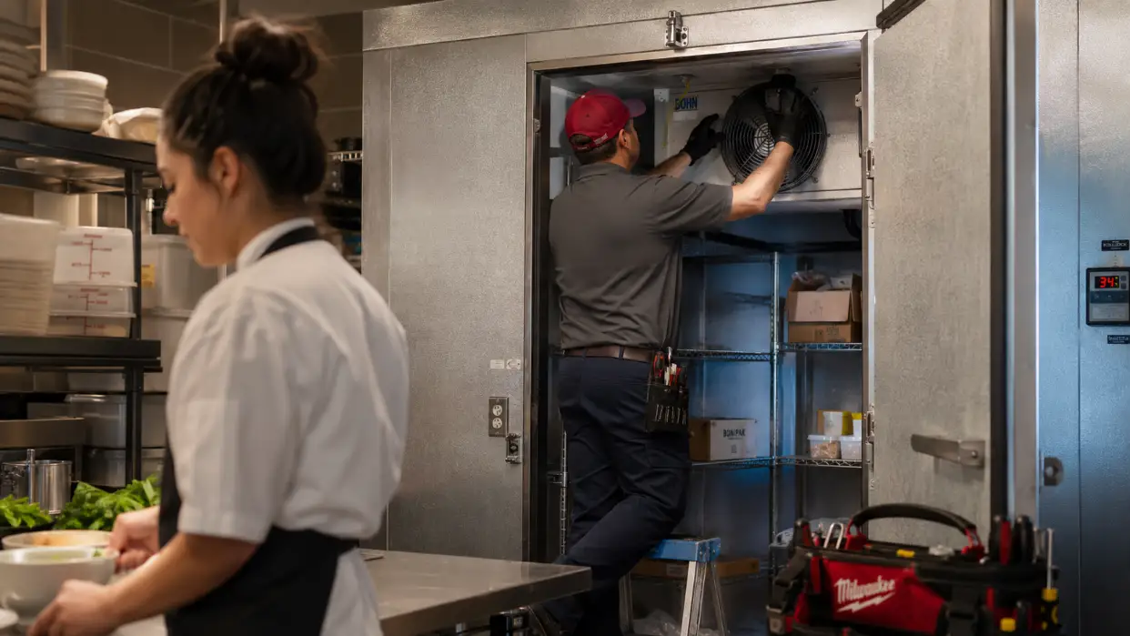 ATMS technician servicing a commercial walk-in cooler and walk-in freezer refrigeration system