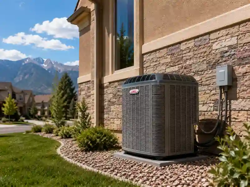 Residential air conditioning unit Colorado Springs installed beside a modern home with Pikes Peak mountains in the background.