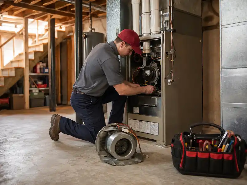 Technician repairing residential furnace in Colorado Springs