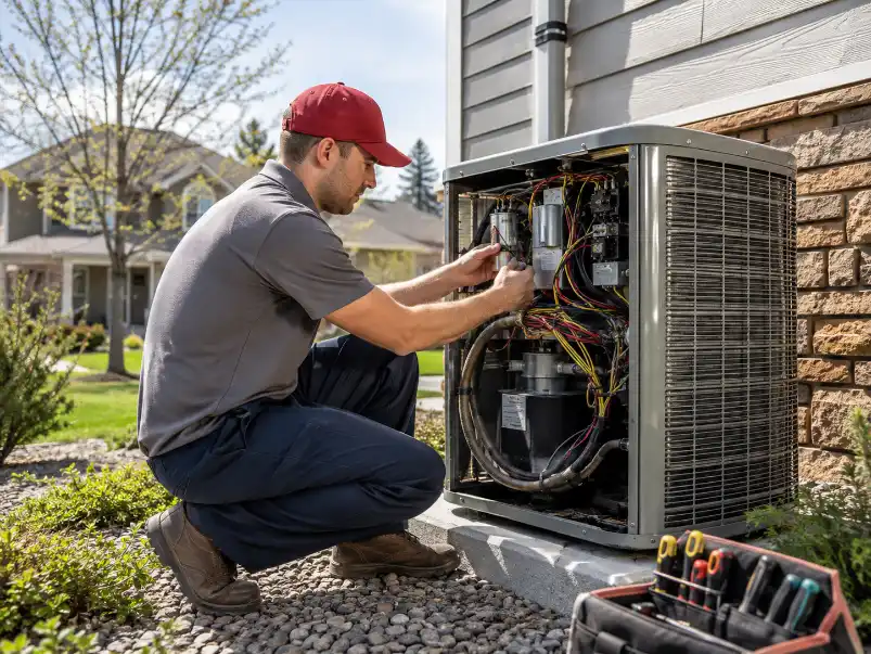 Technician repairing residential air conditioning system in Colorado Springs